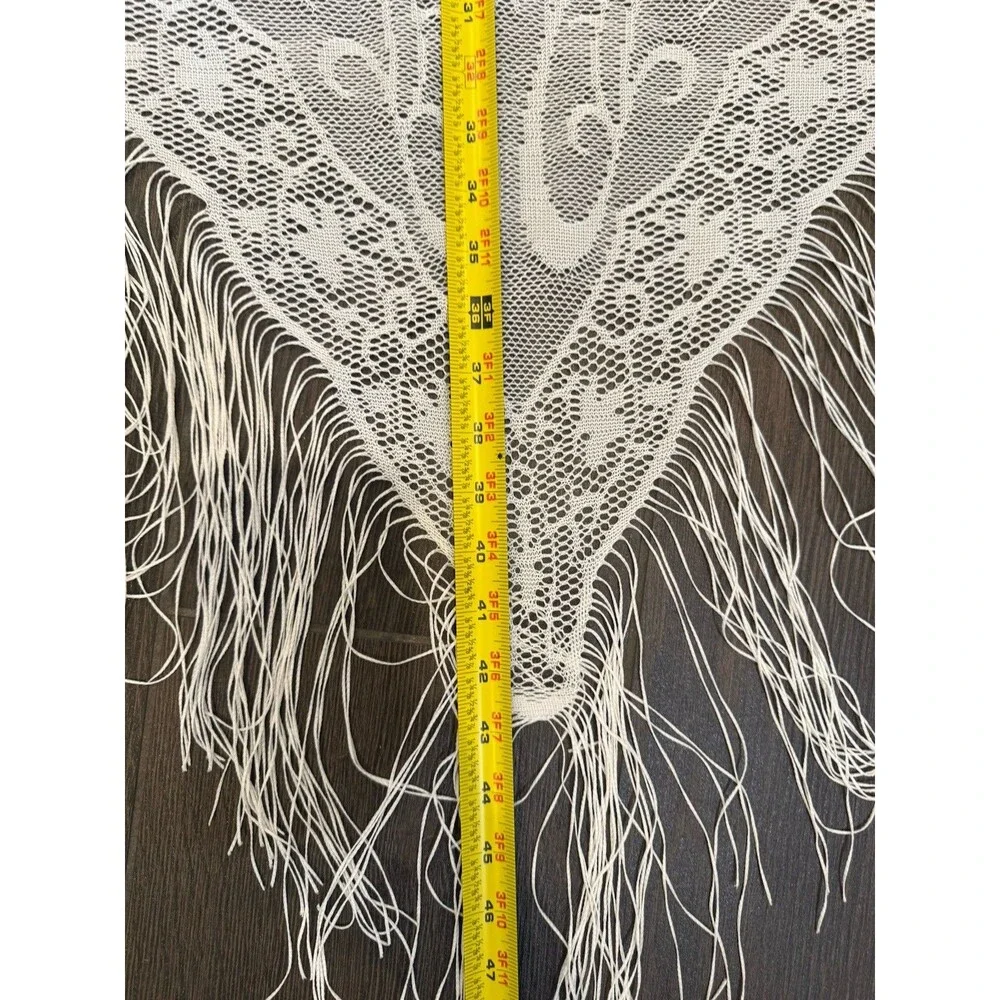 Vintage White Lace Fringe Boho Scarf 72x43” Shawl Bridal Festival Stevie Nicks